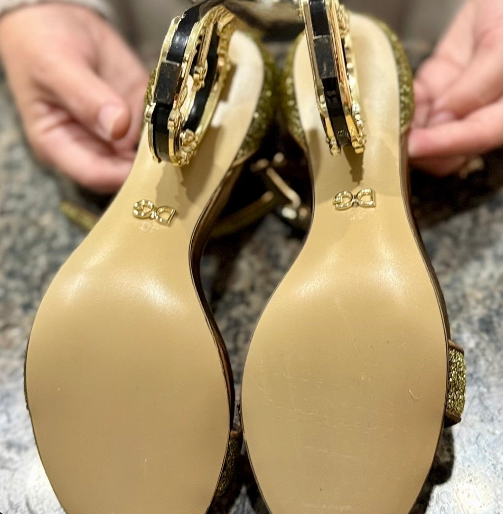 Dolce & Gabbana Gold Glitter DG Heel Sandals Size 9.5 Made in Italy