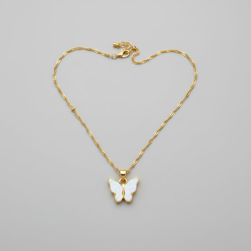Dainty Gold Butterfly Pendant Necklace White Mother of Pearl Charm 17" Chain