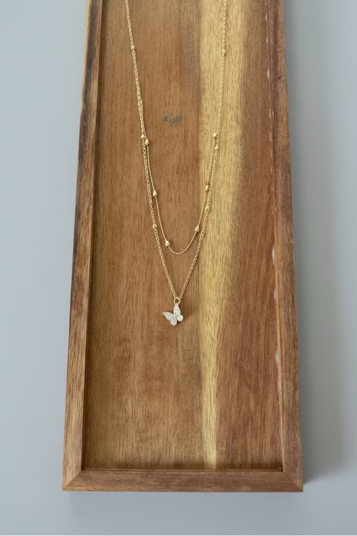 Gold Tone Double Layer Butterfly Pendant Necklace 14" Rhinestone Pave Chain