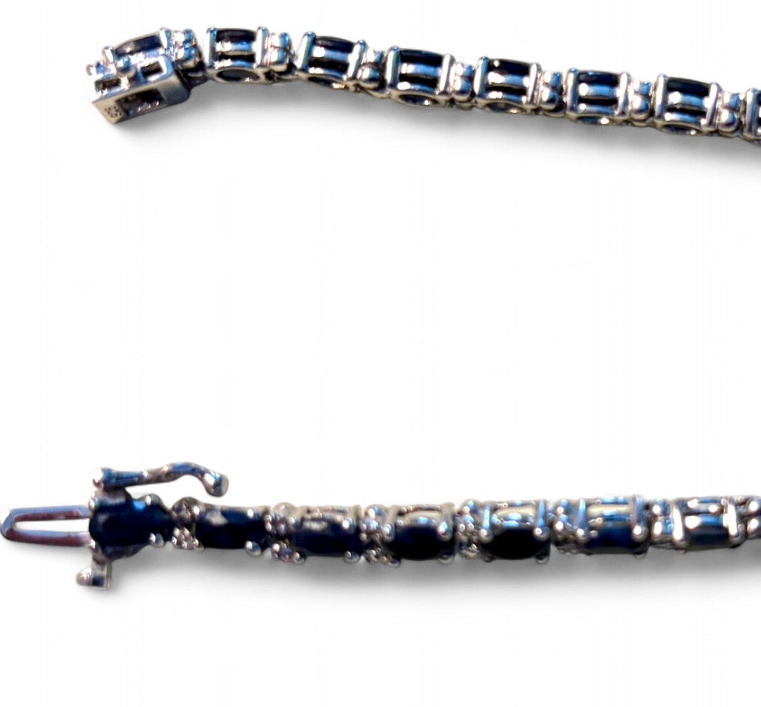 Vintage Natural Sapphire Diamond Oval Tennis Bracelet Silver 925 - 7” Circled M