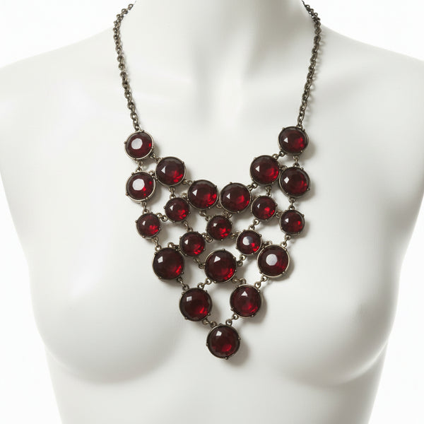 ❤️ Collar babero vintage de malla GV9 con cabujón de lucita roja brillante de 16”