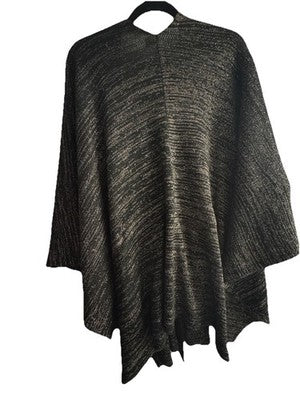 Glitter Wrap Black with Silver Metallic Sparkle Poncho With Belt One Size