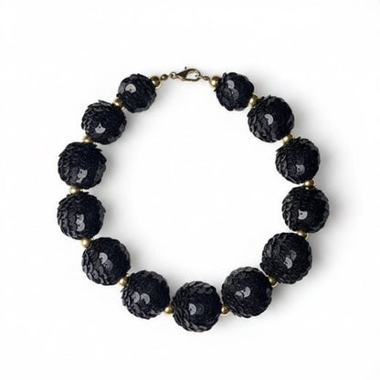 Vintage Mid Century Black Sequin Bubble Bead Choker Necklace Hollywood Regency Glam