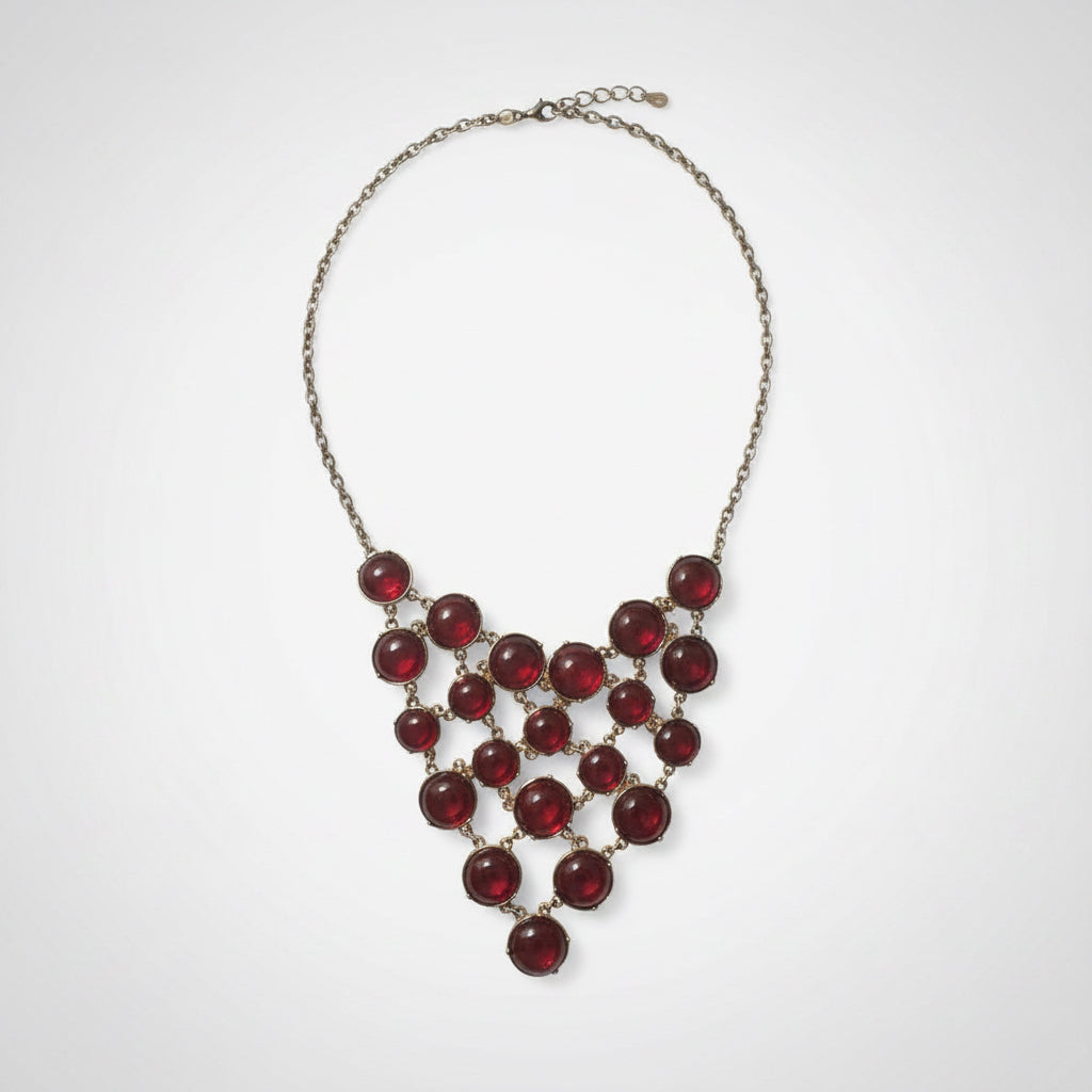 ❤️ Collar babero vintage de malla GV9 con cabujón de lucita roja brillante de 16”