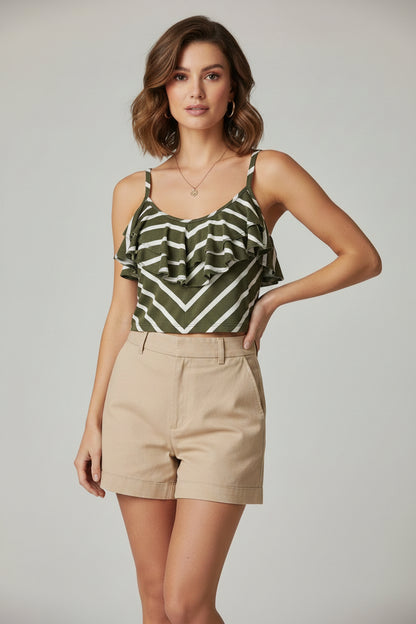 Tommy Bahama Camiseta sin mangas con volantes XS Verde Oliva Rayas Blancas Cami Escote en V