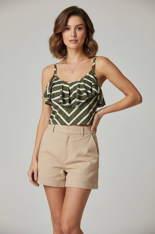 Tommy Bahama Camiseta sin mangas con volantes XS Verde Oliva Rayas Blancas Cami Escote en V