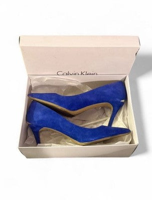 Calvin Klein Gayle Pointy Toe Pumps Blue Suede Stiletto Heels Size 7.5 w/ Box