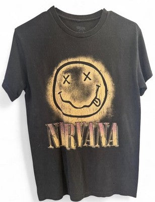 Vintage NIRVANA Style Faded Black T-shirt Smiley Face - Size S