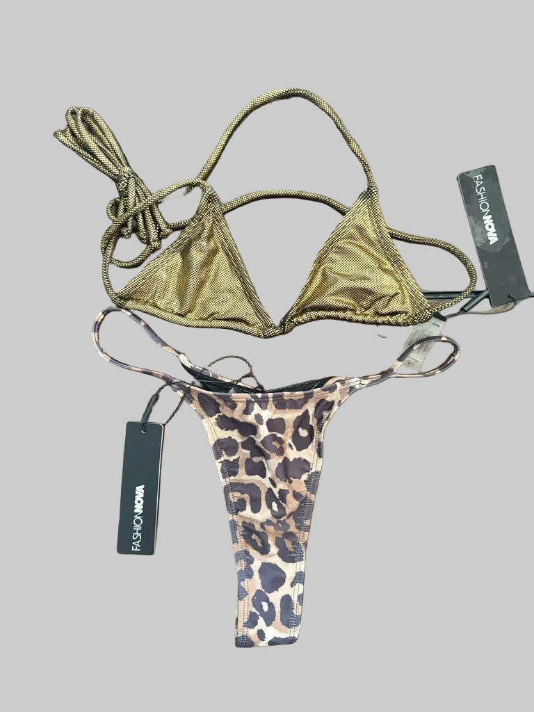 Fashion Nova Maui Mix and Match Bikini Set Gold Metallic and Leopard Print NWT Small
