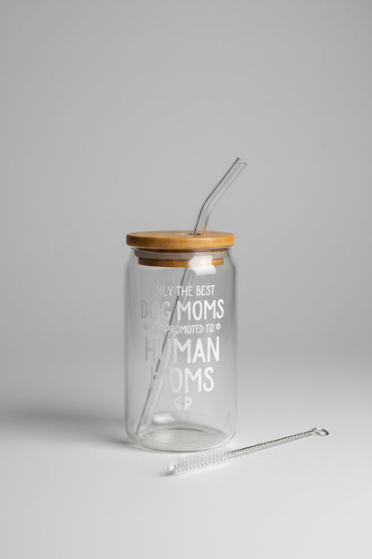 Glass jar with straw and text 'Only the best dog moms get promoted to human moms' in a cardboard box.