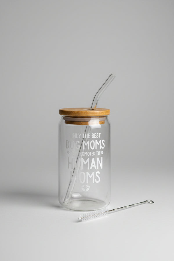Glass jar with straw and text 'Only the best dog moms get promoted to human moms' in a cardboard box.