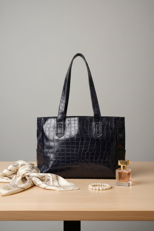 Black textured tote bag held by a person in an indoor setting