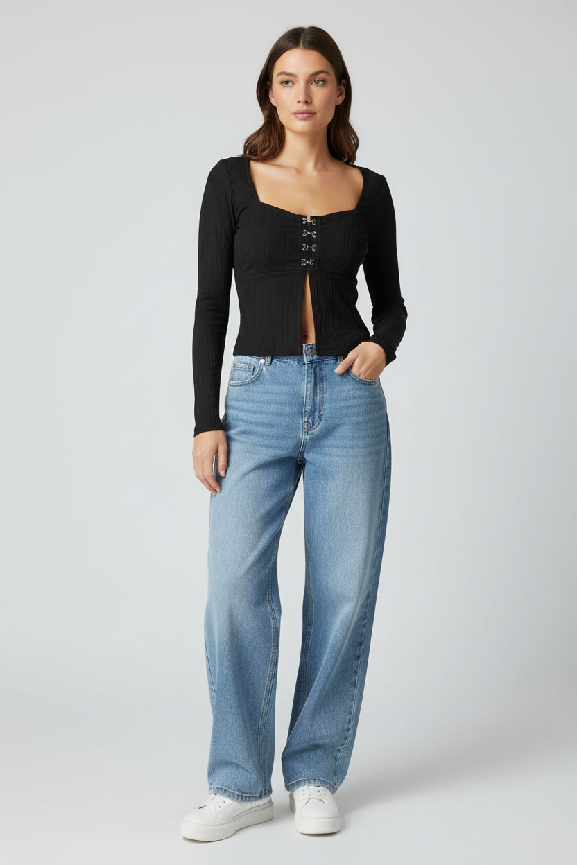 Black long-sleeve top with lace-up front 