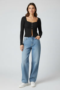 Black long-sleeve top with lace-up front 