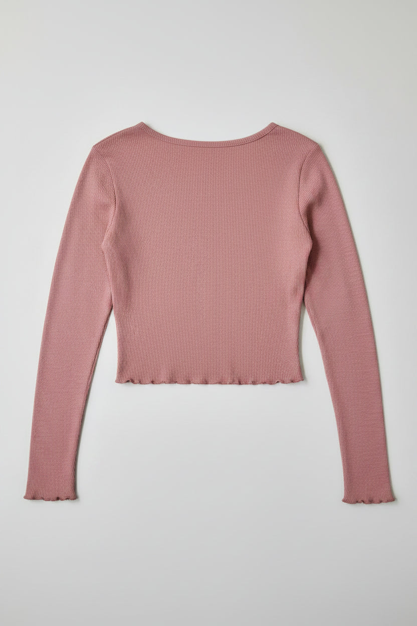 Bozzolo Lettuce Hem Pink Ribbed Long Sleeve Cropped Tee Small