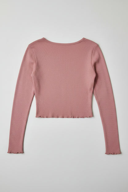 Bozzolo Lettuce Hem Pink Ribbed Long Sleeve Cropped Tee Small
