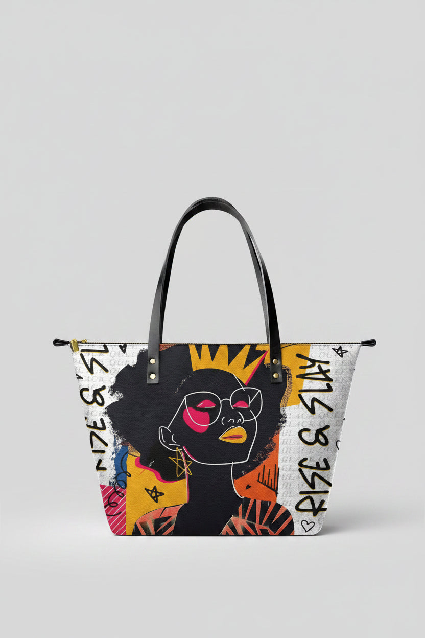 Tote bag with a colorful design of a woman's face on a white background