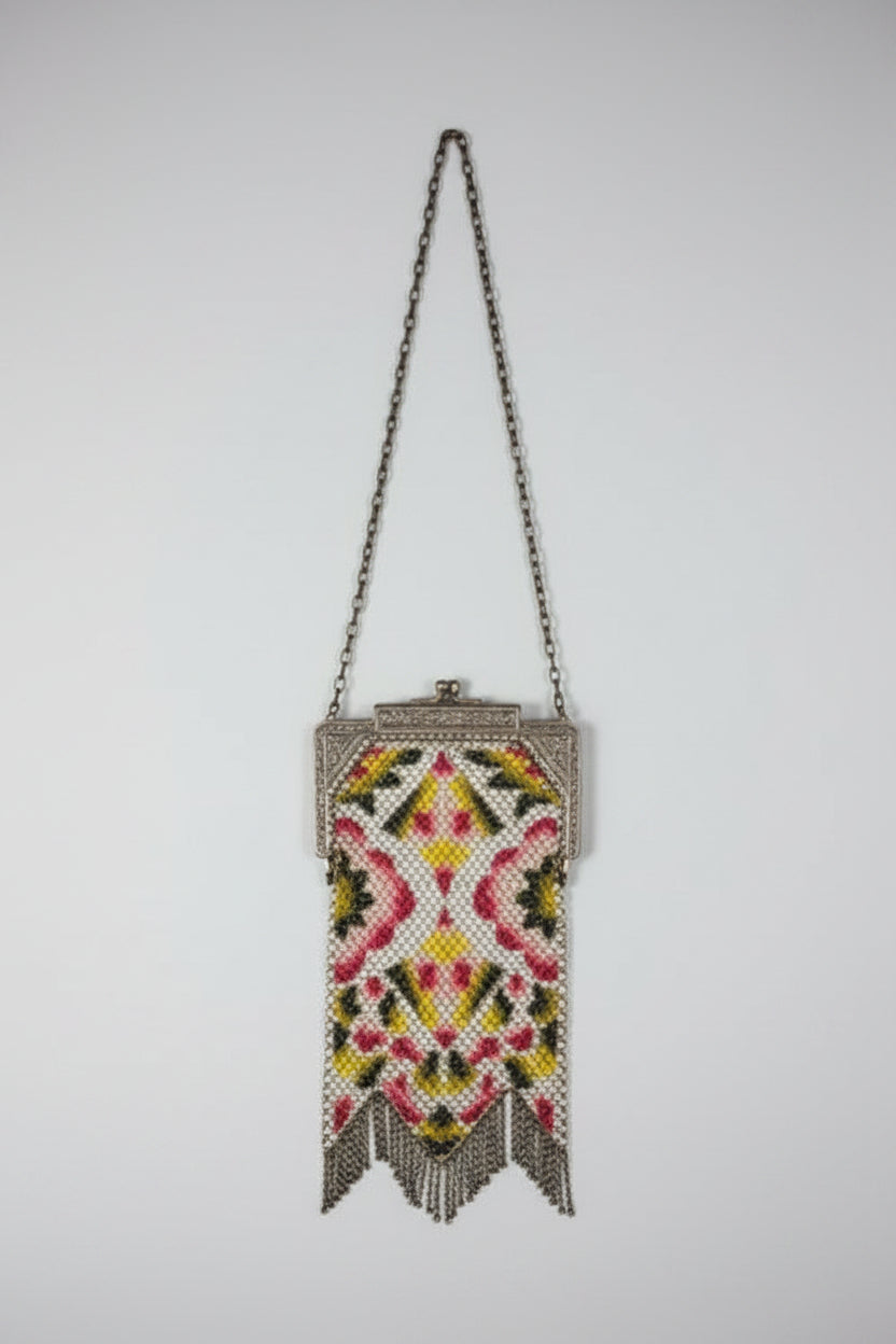 Vintage Art Deco Beaded Victorian Purse – Geometric Chevron Fringe Handbag