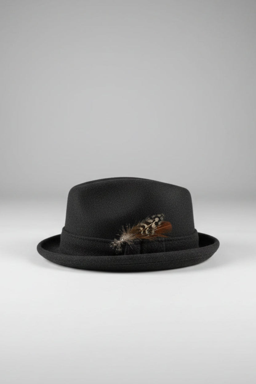 Black fedora hat with a feather on a carpeted floor