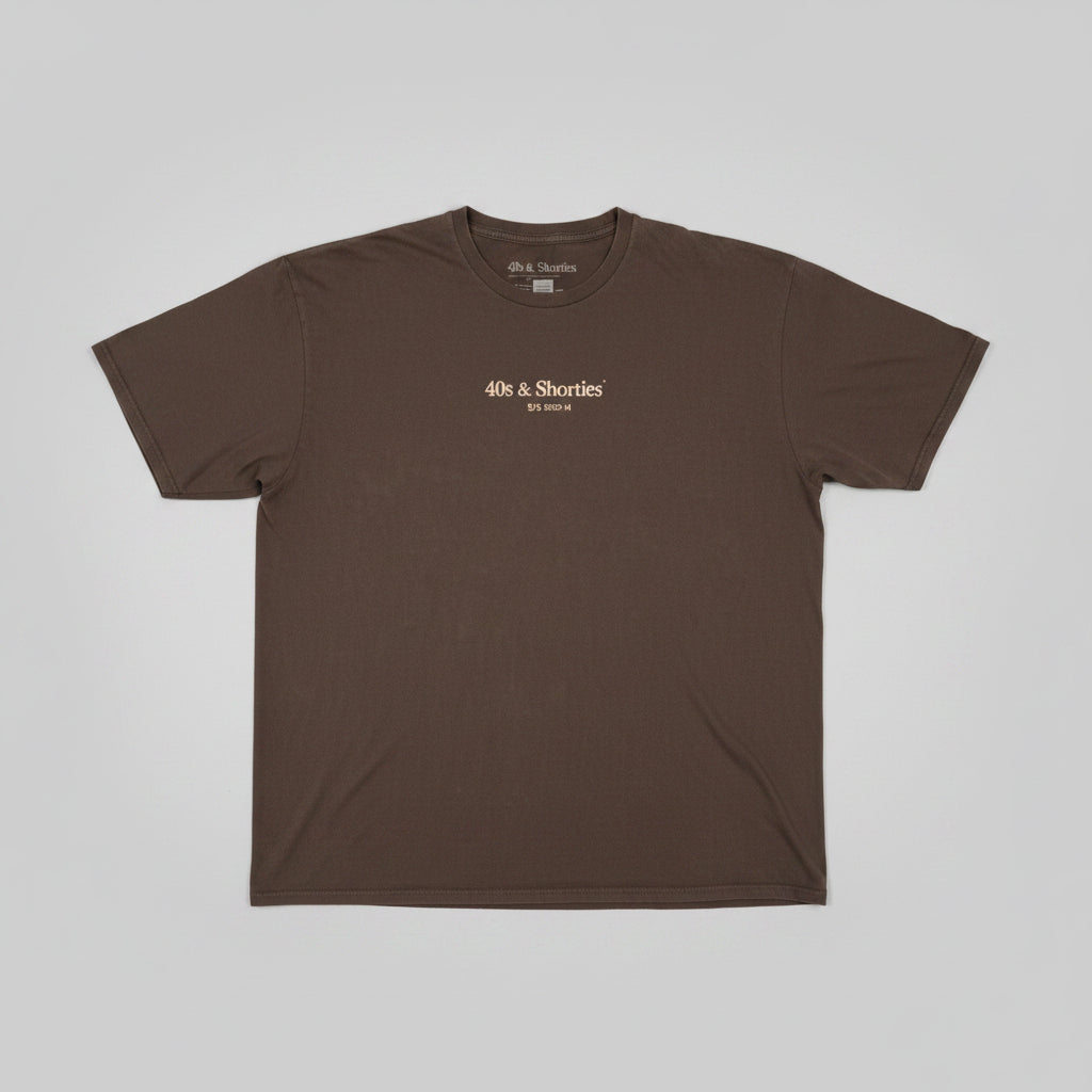 Brown t-shirt with '40s & Shorties' logo on a textured surface