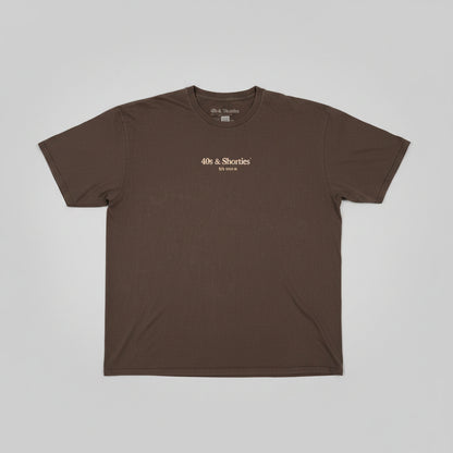 Brown t-shirt with '40s & Shorties' logo on a textured surface