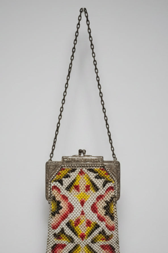 Vintage Art Deco Beaded Victorian Purse – Geometric Chevron Fringe Handbag