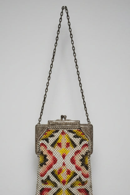 Vintage Art Deco Beaded Victorian Purse – Geometric Chevron Fringe Handbag