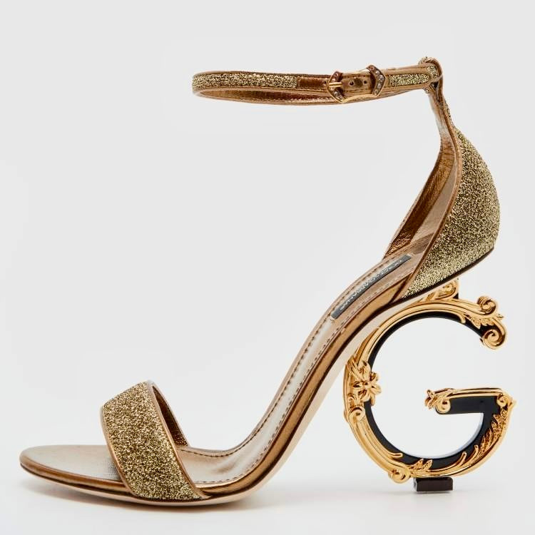 Dolce & Gabbana Gold Glitter DG Heel Sandals Size 9.5 Made in Italy