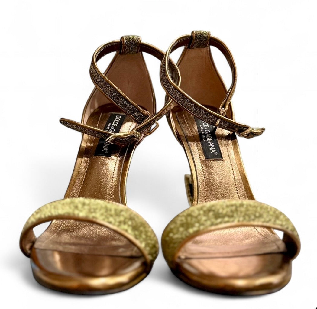 Dolce & Gabbana Gold Glitter DG Heel Sandals Size 9.5 Made in Italy