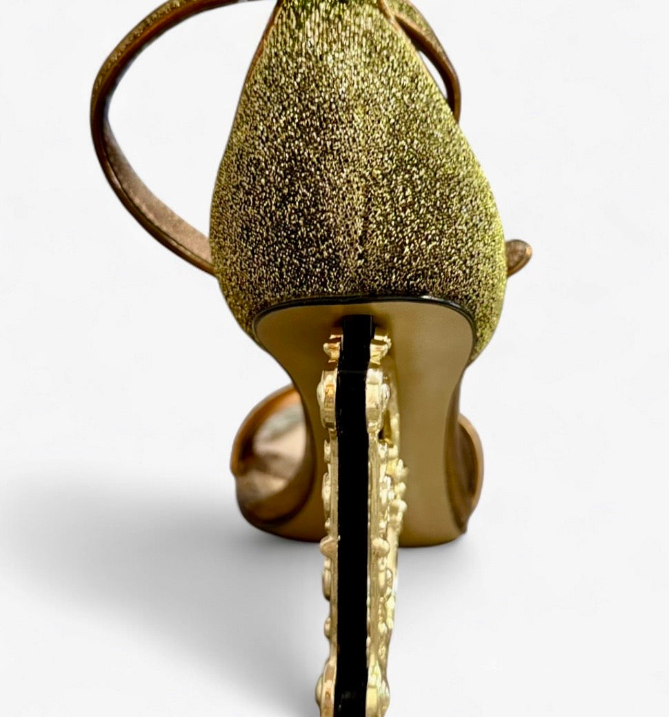 Dolce & Gabbana Gold Glitter DG Heel Sandals Size 9.5 Made in Italy