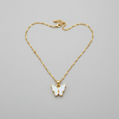 Dainty Gold Butterfly Pendant Necklace White Mother of Pearl Charm 17" Chain