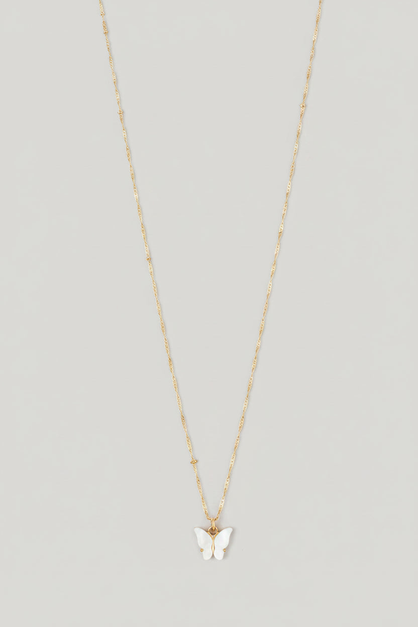 Dainty Gold Butterfly Pendant Necklace White Mother of Pearl Charm 17" Chain