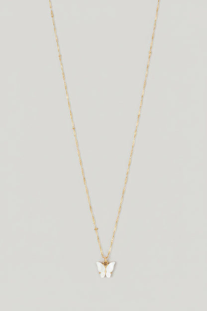 Dainty Gold Butterfly Pendant Necklace White Mother of Pearl Charm 17" Chain