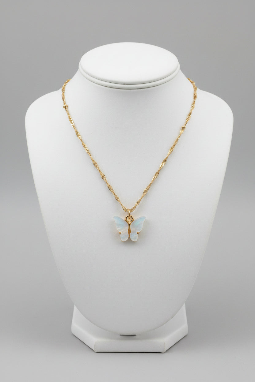Dainty Gold Butterfly Pendant Necklace White Mother of Pearl Charm 17" Chain