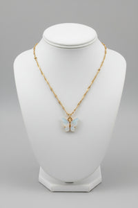 Dainty Gold Butterfly Pendant Necklace White Mother of Pearl Charm 17" Chain