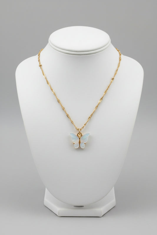 Dainty Gold Butterfly Pendant Necklace White Mother of Pearl Charm 17" Chain