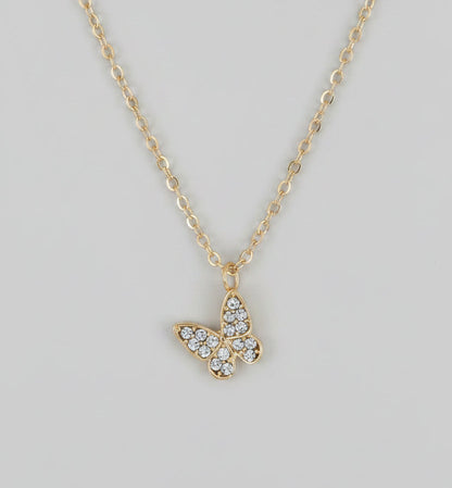 Gold Tone Double Layer Butterfly Pendant Necklace 14" Rhinestone Pave Chain