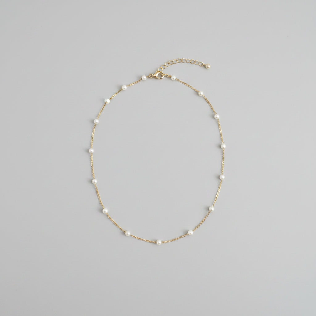 Dainty Gold Pearl Station Necklace 15" Tin Cup Pearl By The Yard Choker Chain