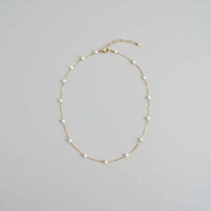 Dainty Gold Pearl Station Necklace 15" Tin Cup Pearl By The Yard Choker Chain