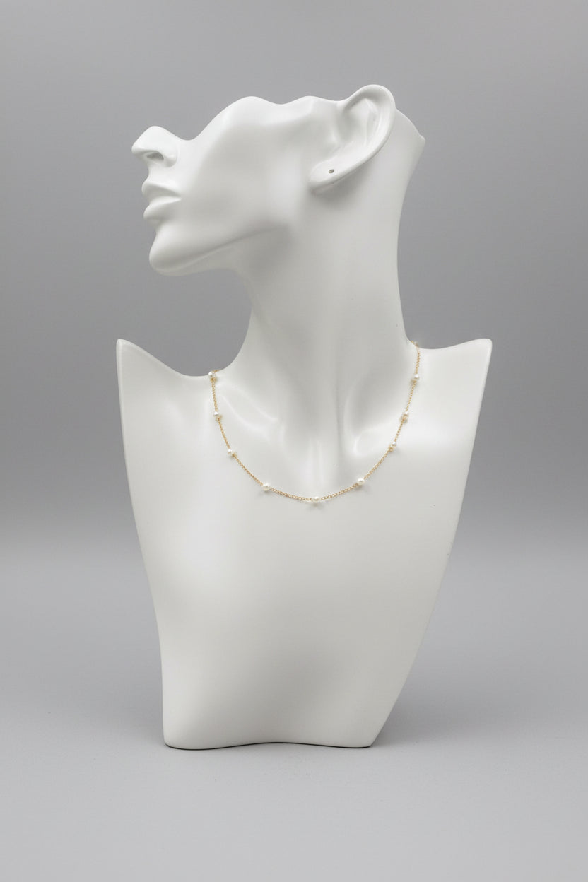 Dainty Gold Pearl Station Necklace 15" Tin Cup Pearl By The Yard Choker Chain