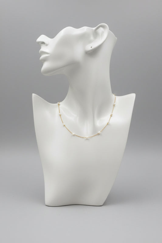 Dainty Gold Pearl Station Necklace 15" Tin Cup Pearl By The Yard Choker Chain