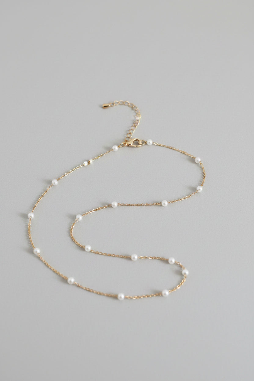 Dainty Gold Pearl Station Necklace 15" Tin Cup Pearl By The Yard Choker Chain