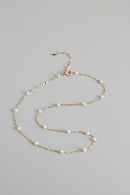 Dainty Gold Pearl Station Necklace 15" Tin Cup Pearl By The Yard Choker Chain