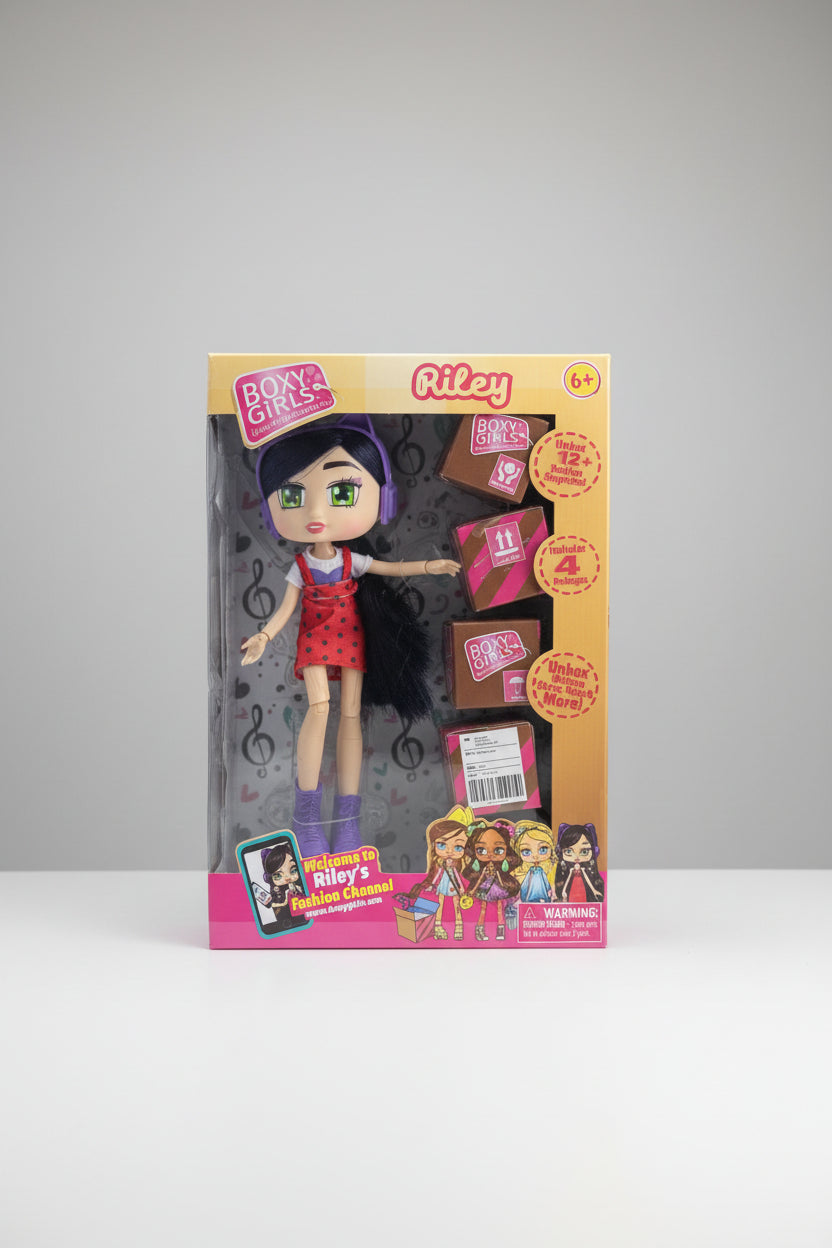 Toy doll packaging with character illustration on a wooden surface
