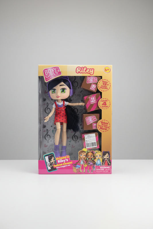 Toy doll packaging with character illustration on a wooden surface