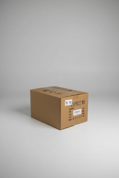 Cardboard box with shipping labels on a carpeted floor