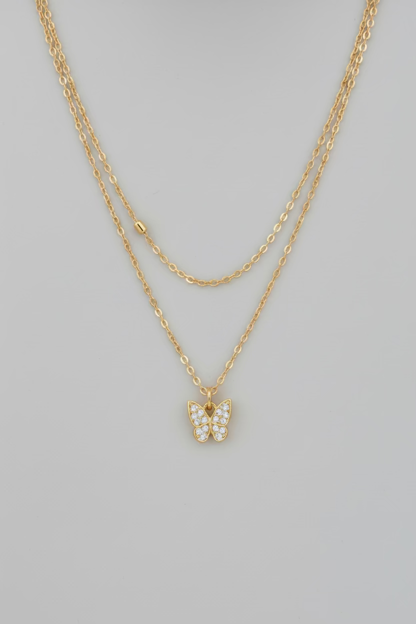Gold Tone Double Layer Butterfly Pendant Necklace 14" Rhinestone Pave Chain