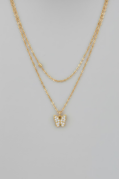 Gold Tone Double Layer Butterfly Pendant Necklace 14" Rhinestone Pave Chain