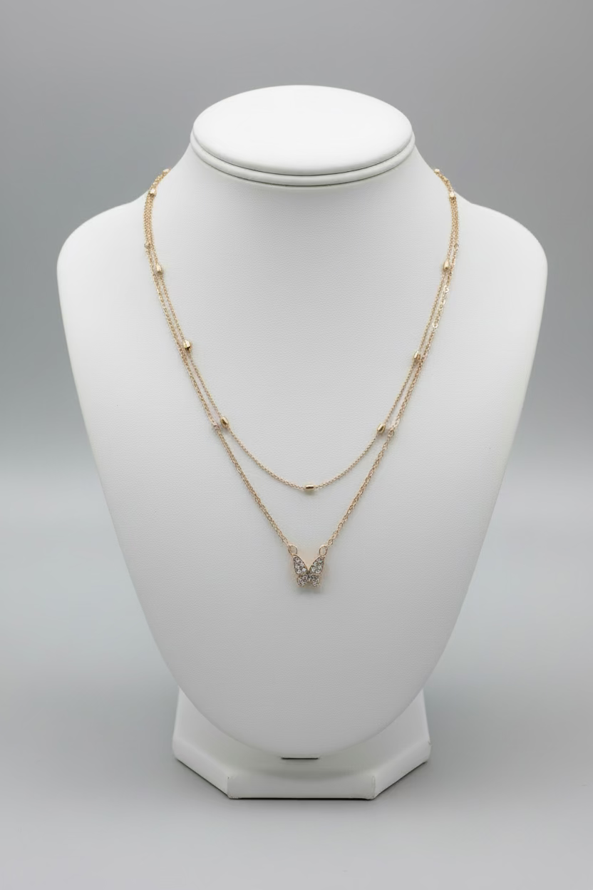 Gold Tone Double Layer Butterfly Pendant Necklace 14" Rhinestone Pave Chain