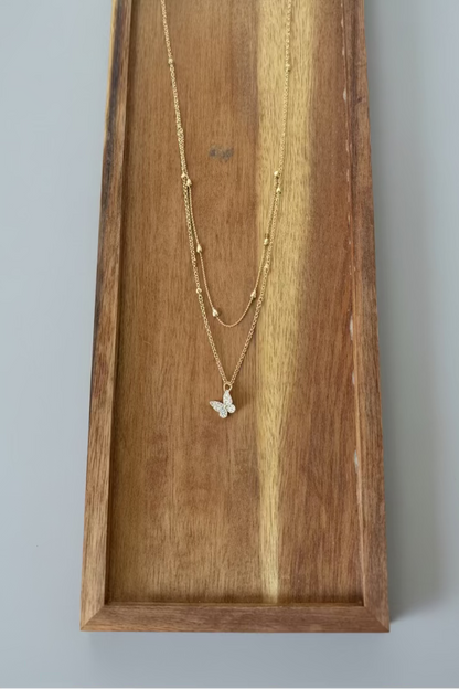Gold Tone Double Layer Butterfly Pendant Necklace 14" Rhinestone Pave Chain